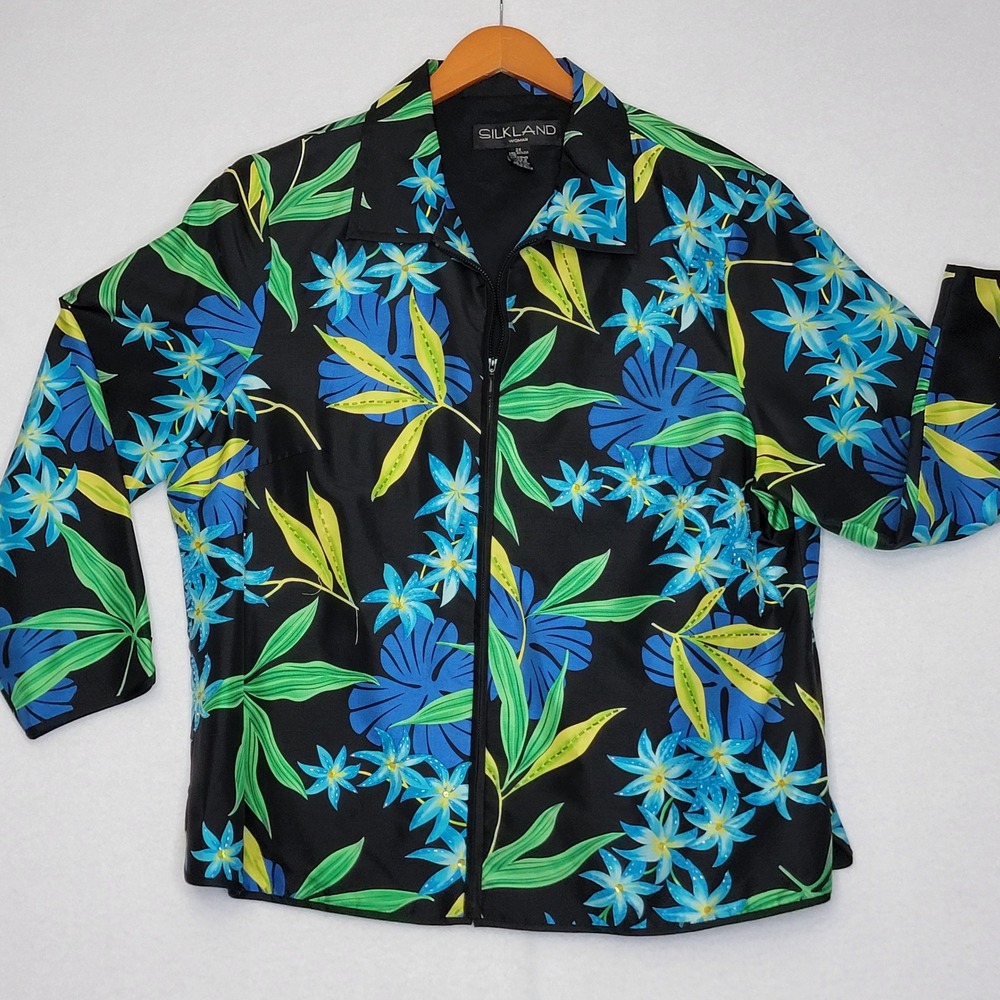 Silkland Woman‎ 100% Silk Tropical Floral Beaded Zip Front Jacket Black 2X
